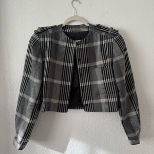 Vintage 80s Wool Plaid Black and Gray Women's Crop Jacket Button Front Size 6